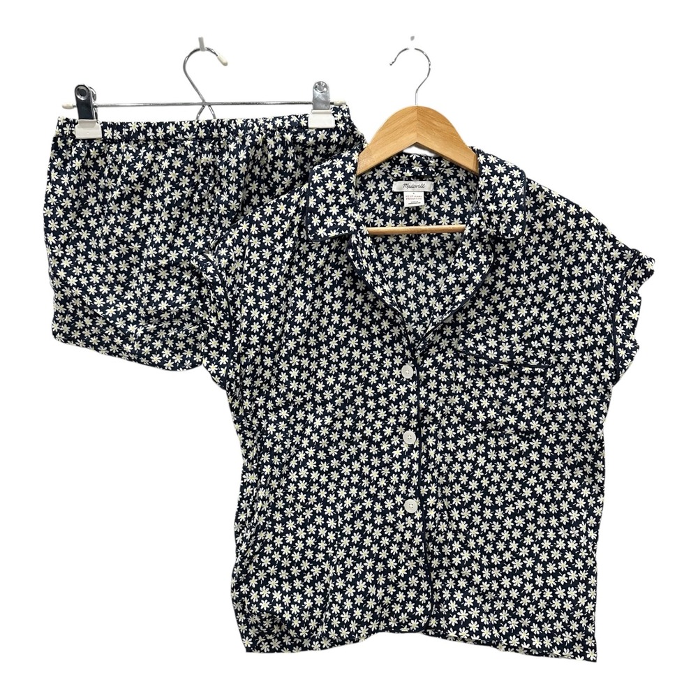 Madewell Bedtime Pajama Set S Navy Blue White Daisy Floral Shorts Top
